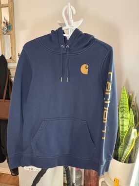 Carhartt Navy Pullover Hoodie with Yellow Logo and Sleeve Script
